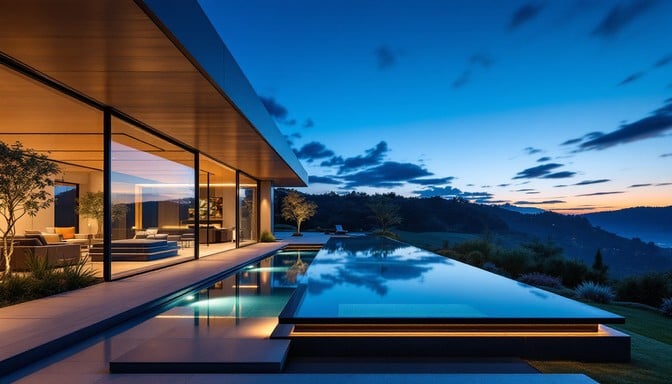 Minimal luxury modern house at dusk
